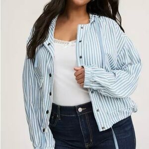 Torrid Light Blue & White Striped Snap-Front Hooded Jacket Size 3 Plus